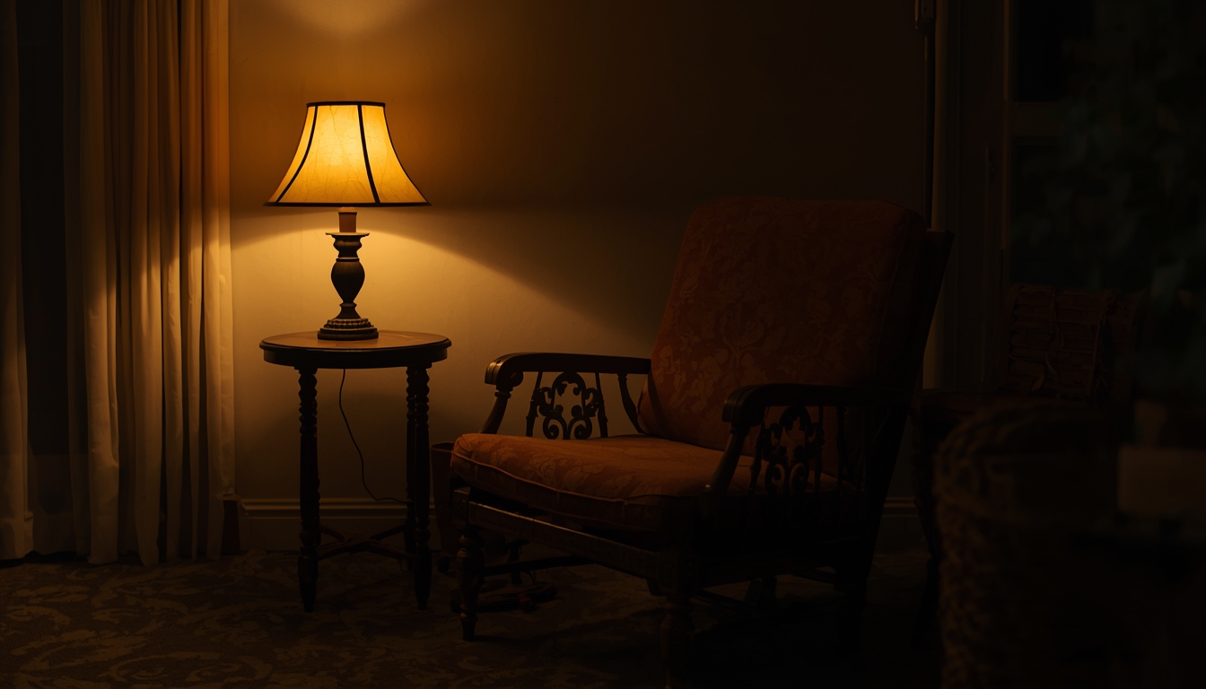 Warm lamplight on a simple resting chair in a quiet room